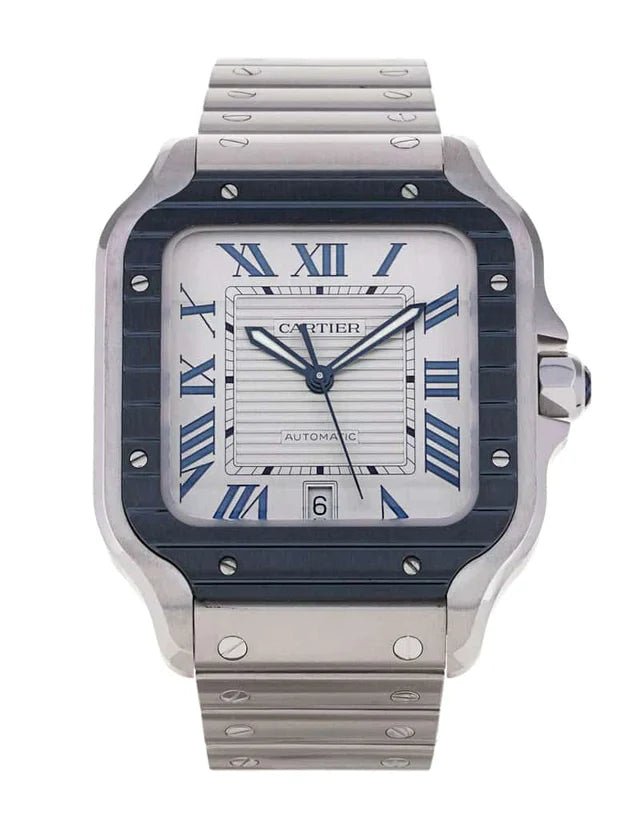 K1J3GQfijUJBAl-3.jpg Cartier Santos De Automatic Silver Dial Men's Watch - Image 1