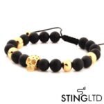 Matt Onyx Gold Plated  Skull Stainless Steel Charm Beaded Macrame Bracelet