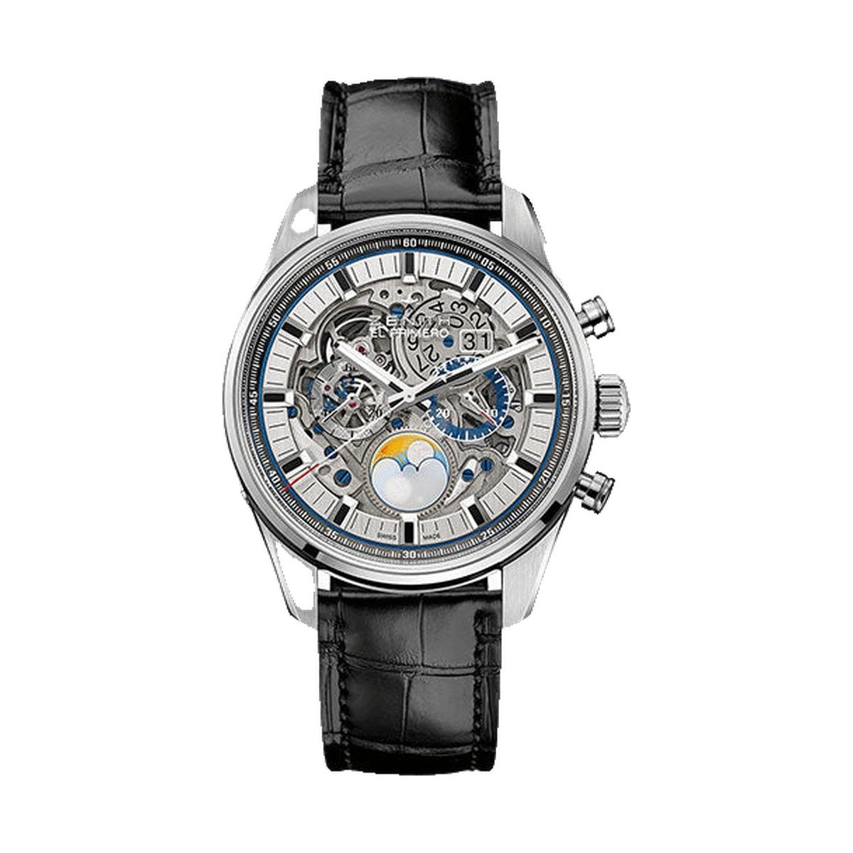 Zenith Chronomaster El Primero Grande Date Full Open Watch - Steel - Sapphire Dial - Black Alligator Strap - 03.2530.4047/78.C813