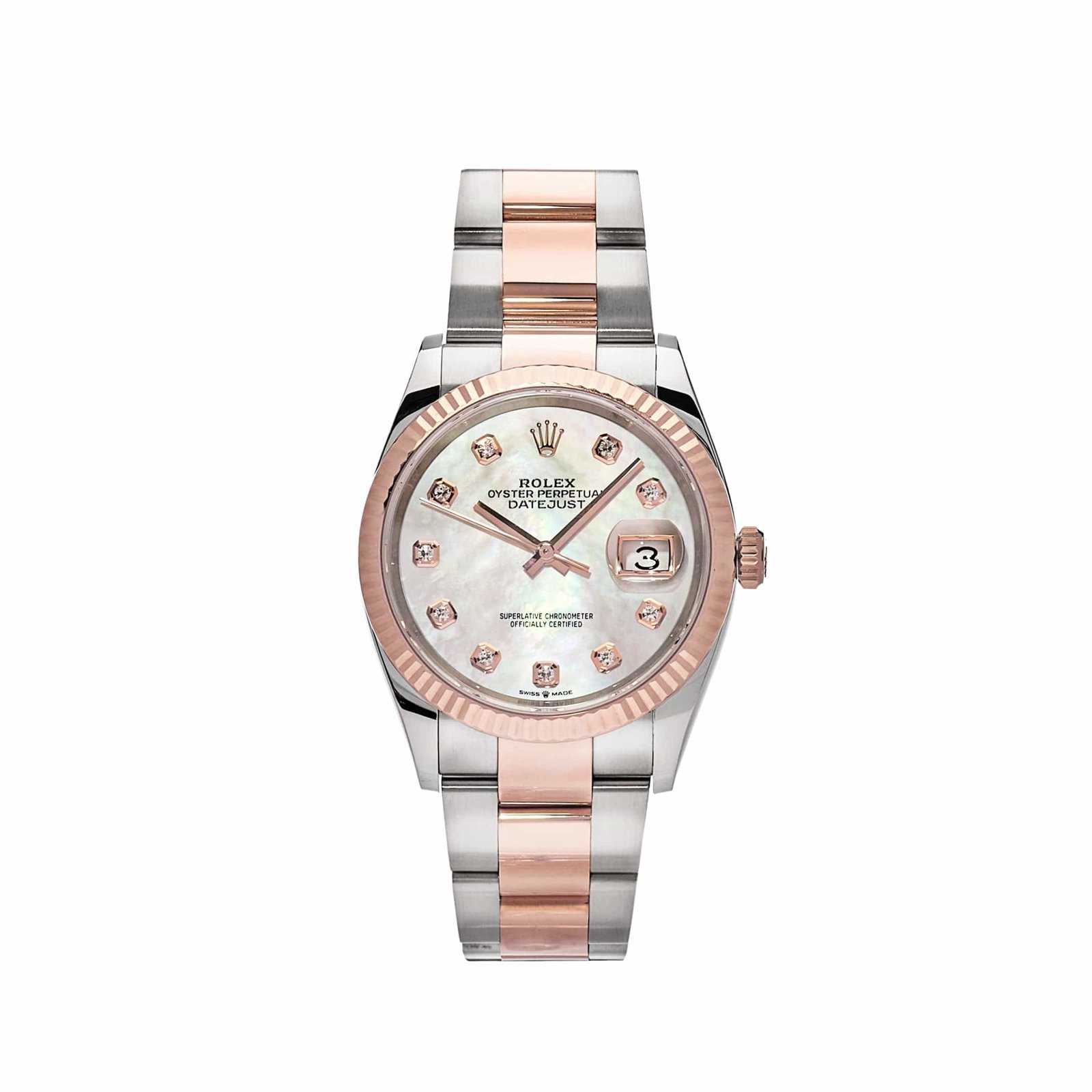Rolex Datejust 36 126231 Rose Gold Stainless Steel White Mother of Pearl Diamond Dial Fluted Oyster
