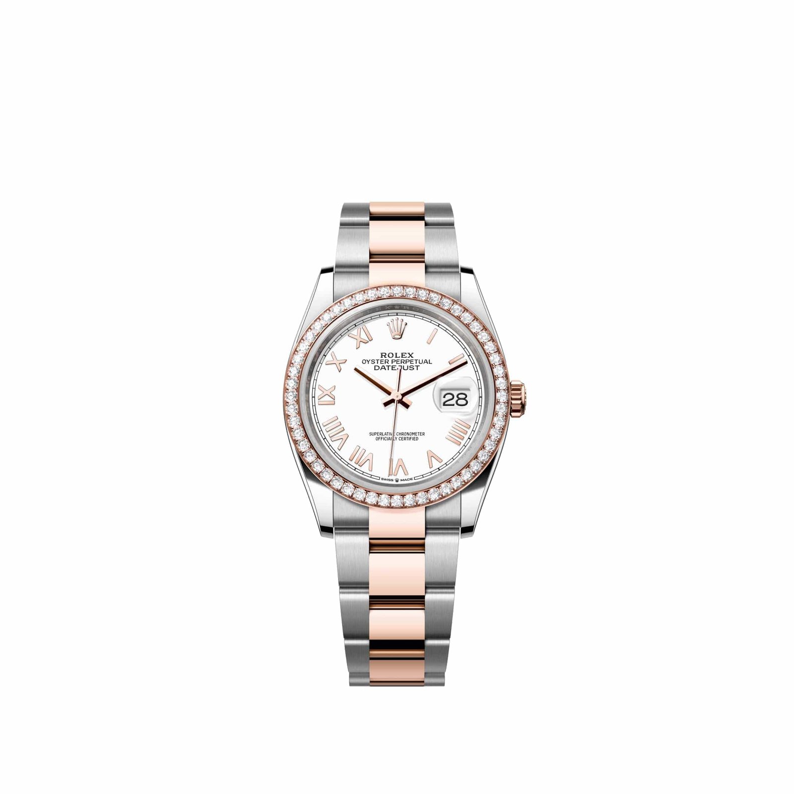 Rolex Datejust 36 126281RBR Rose Gold Stainless Steel White Roman Dial Oyster Diamond Bezel (2026)