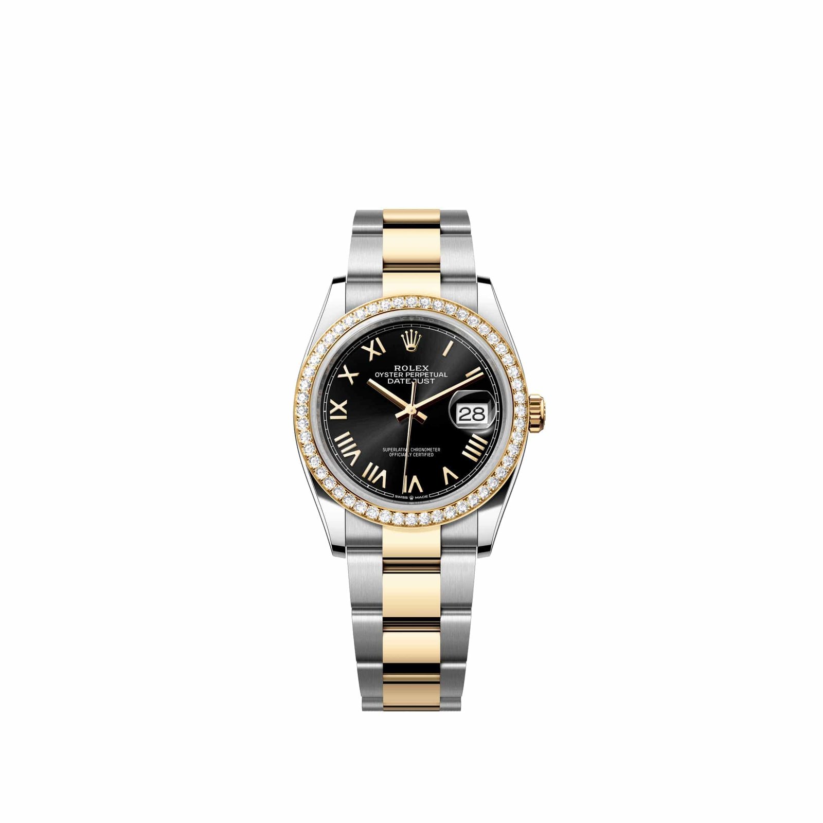 Rolex Datejust 36 126283RBR Yellow Gold Stainless Steel Black Roman Dial Oyster Diamond Bezel (2026)