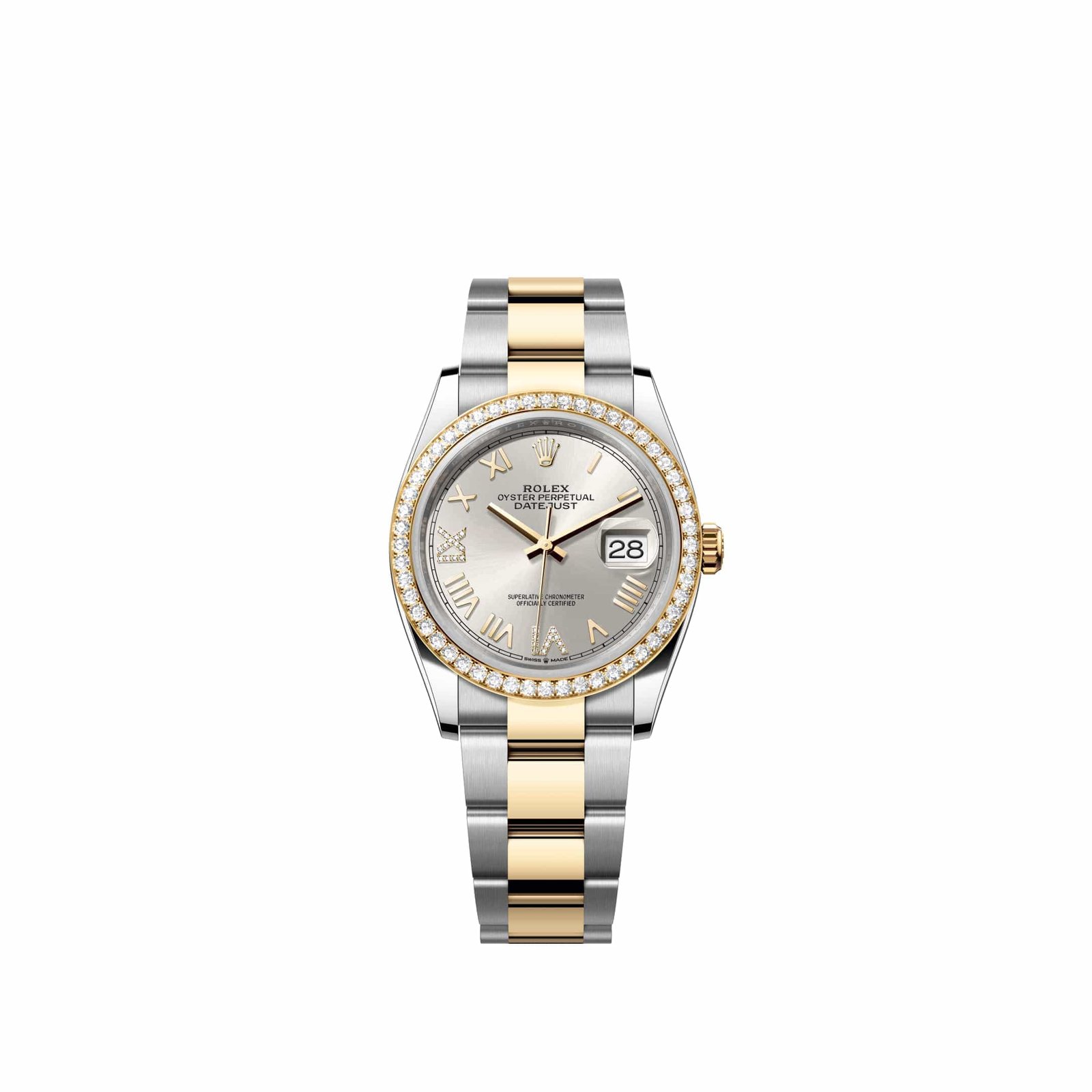 Rolex Datejust 36 126283RBR Yellow Gold Stainless Steel Silver Diamond Roman Dial Oyster Diamond Bezel (2026)