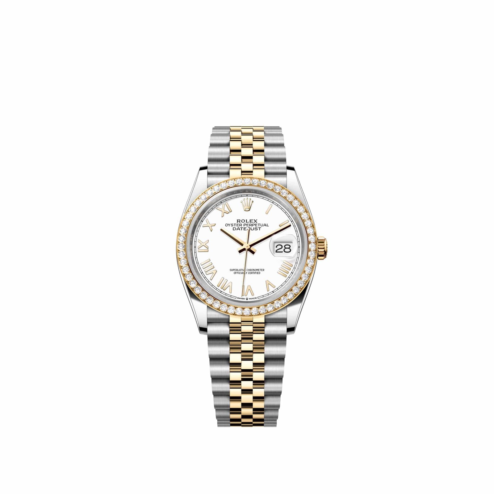 Rolex Datejust 36 126283RBR Yellow Gold Stainless Steel White Roman Dial Jubilee Diamond Bezel (2026)