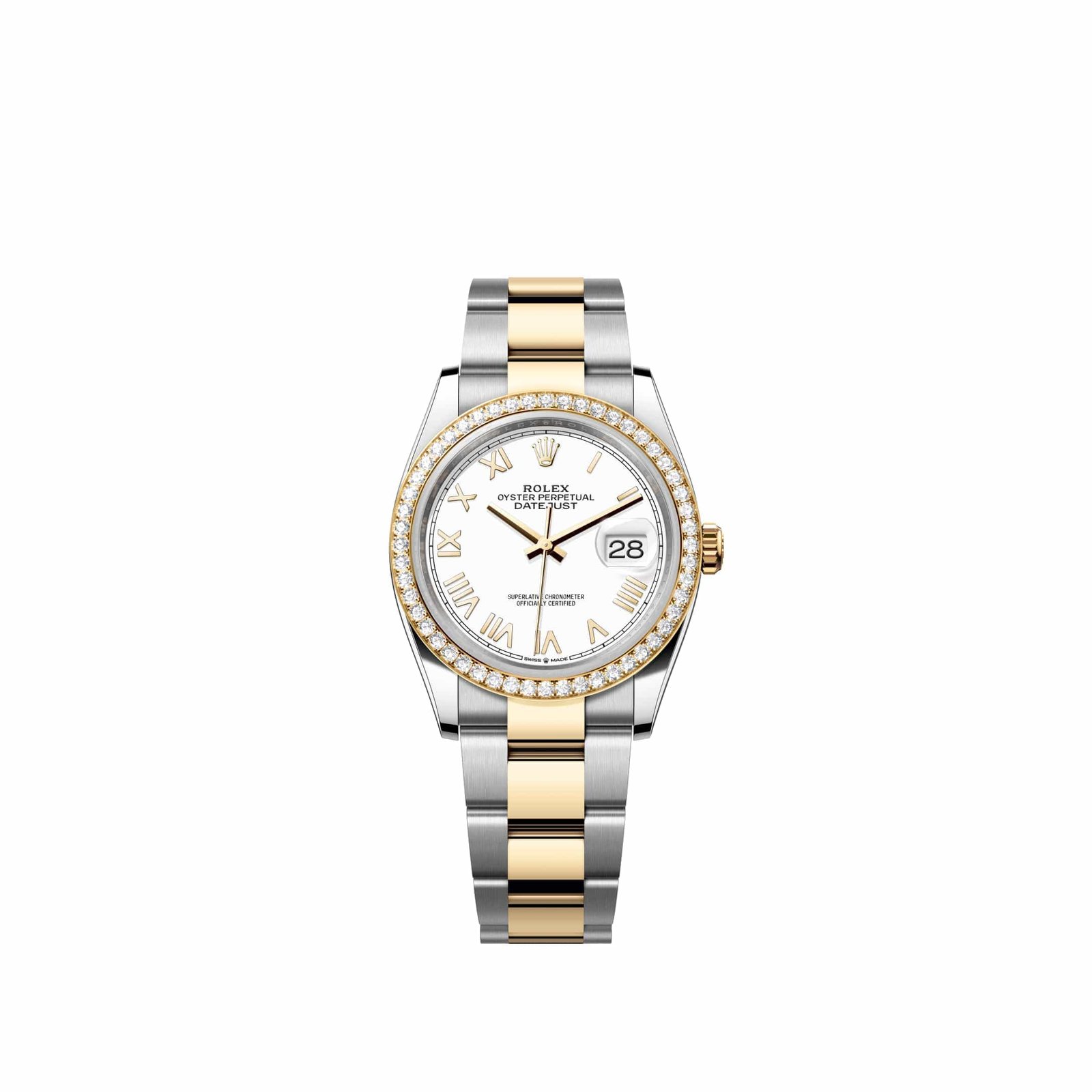 Rolex Datejust 36 126283RBR Yellow Gold Stainless Steel White Roman Dial Oyster Diamond Bezel (2026)