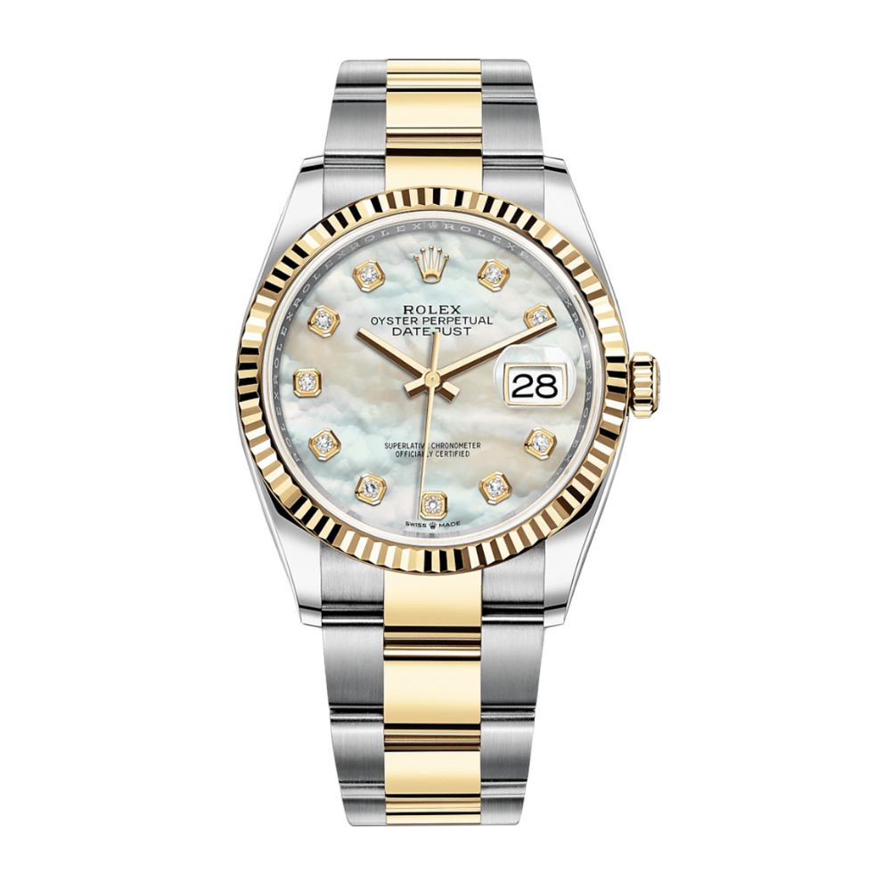 Rolex Datejust 36 126233 Yellow Gold Stainless Steel White Mother of Pearl Diamond Dial Fluted Oyster