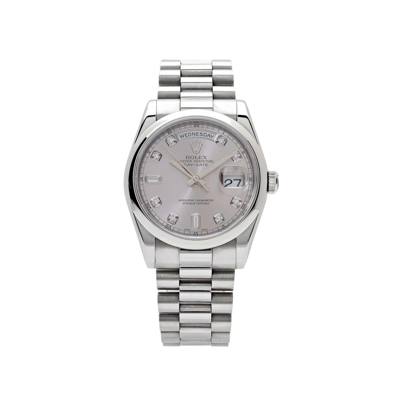 Rolex Day-Date ⁠36 118206 Platinum Silver Diamond Dial