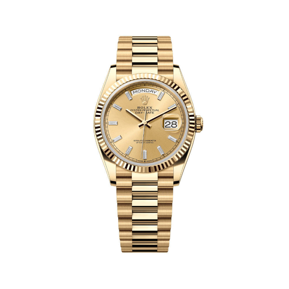 Rolex Day-Date 36 128238 Yellow Gold Champagne Baguette Diamond Marker Dial