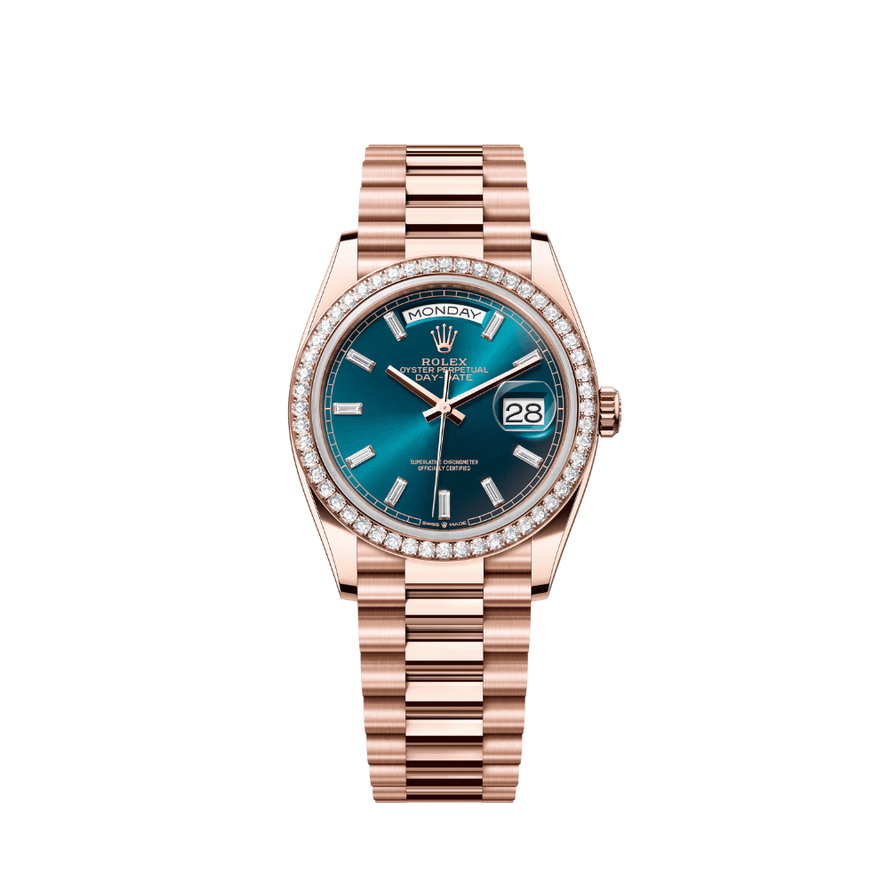 Rolex Day-Date 36 128345RBR Rose Gold Blue-Green Diamond Dial Diamond Bezel President