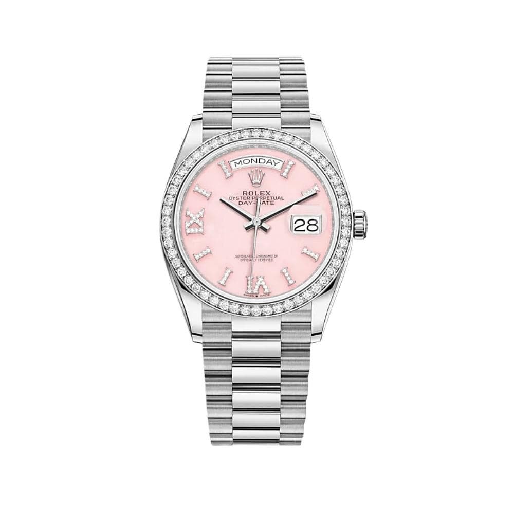 Rolex Day-Date 36 128349RBR White Gold Diamond Bezel Pink Diamond Dial