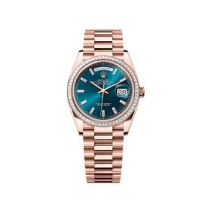 Rolex Day-Date 36 128395TBR Rose Gold Baguette Diamond Bezel Blue-Green Dial