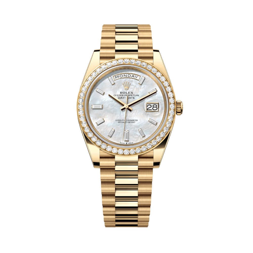 Rolex Day-Date 40 228348RBR Yellow Gold White Mother of Pearl Diamond Dial Diamond Bezel President