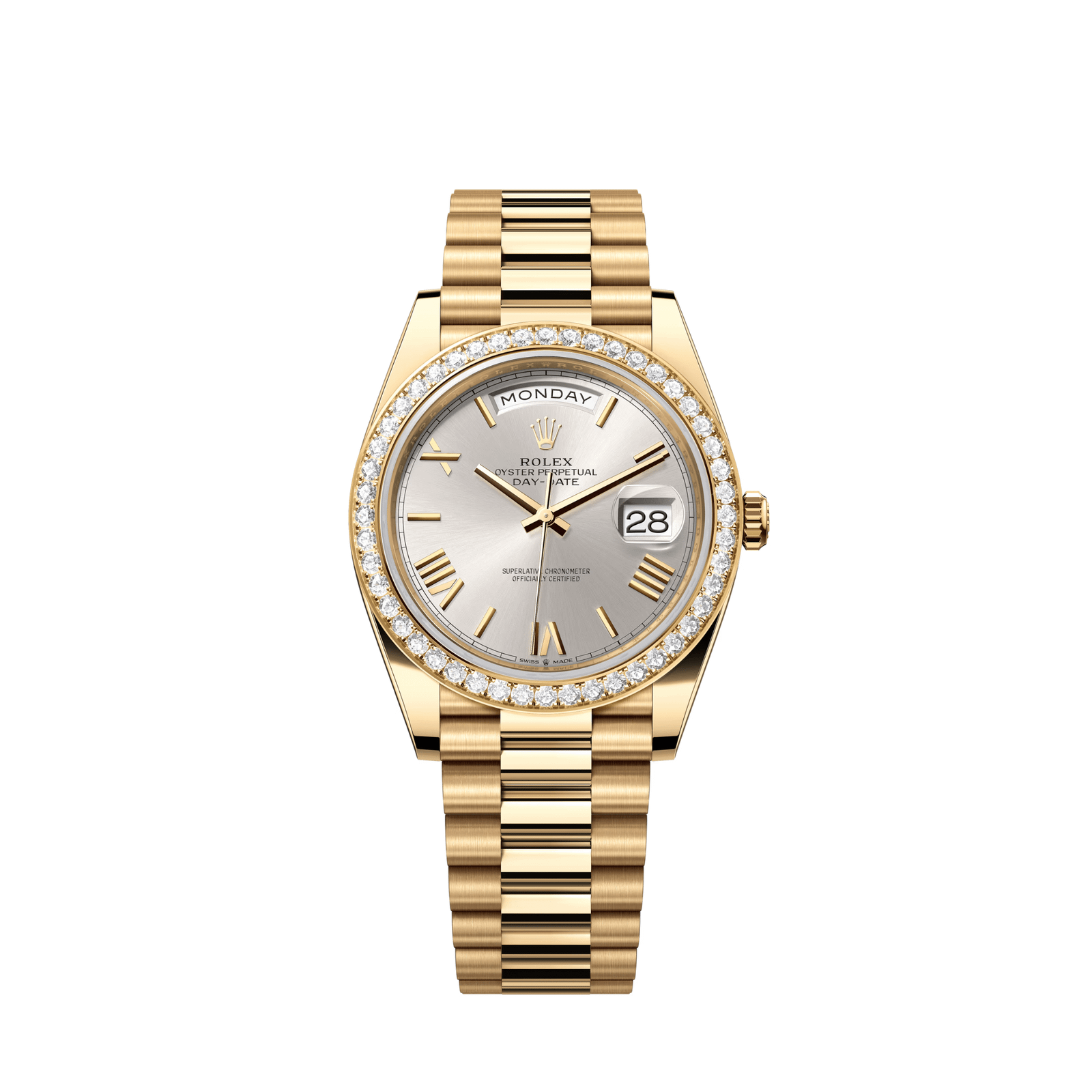 Rolex Day-Date 40 228348RBR Yellow Gold Diamond Bezel Silver Dial (2021)