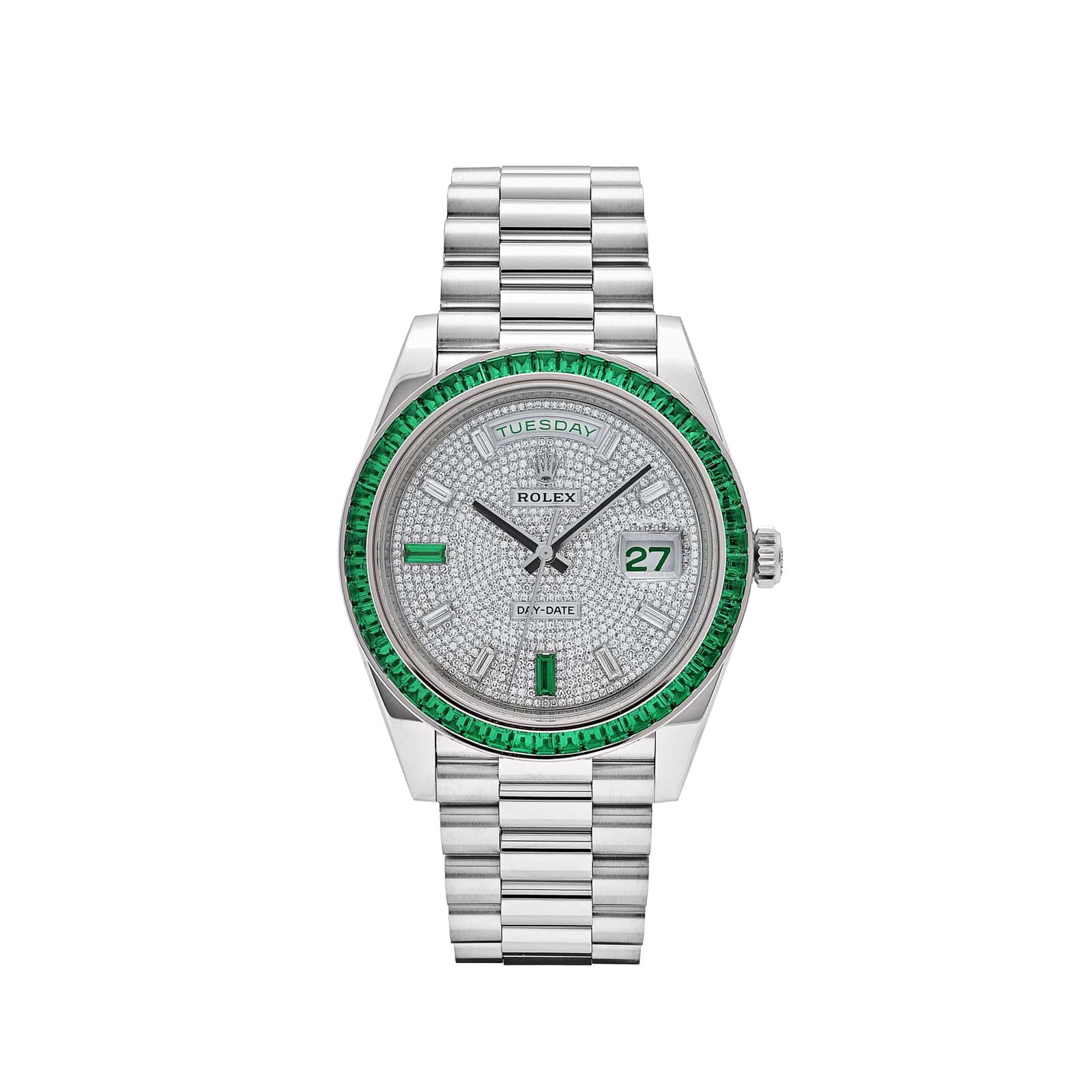 Rolex Day-Date 40 228396TEM Platinum Diamond Dial Emerald Bezel