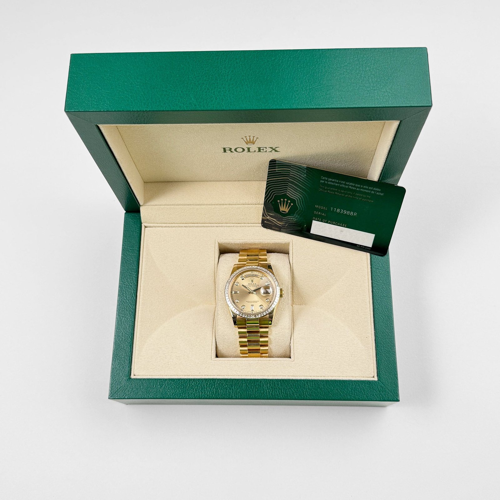 Rolex Day-Date 36 118398BR Yellow Gold Diamond Bezel Champagne Diamond Dial - Image 9