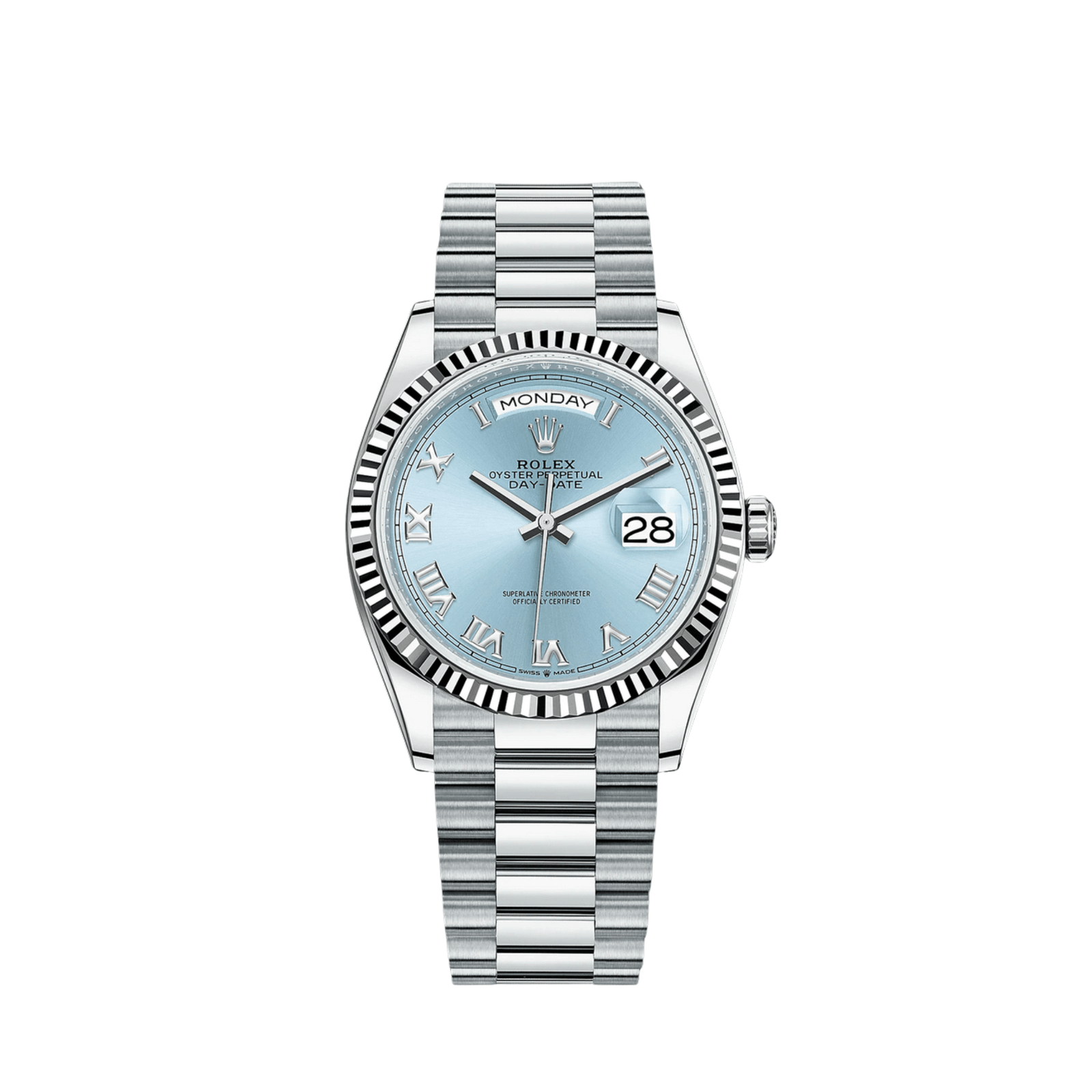 Rolex Day-Date 36 128236 Platinum Ice Blue Roman Numerals Dial (2023)
