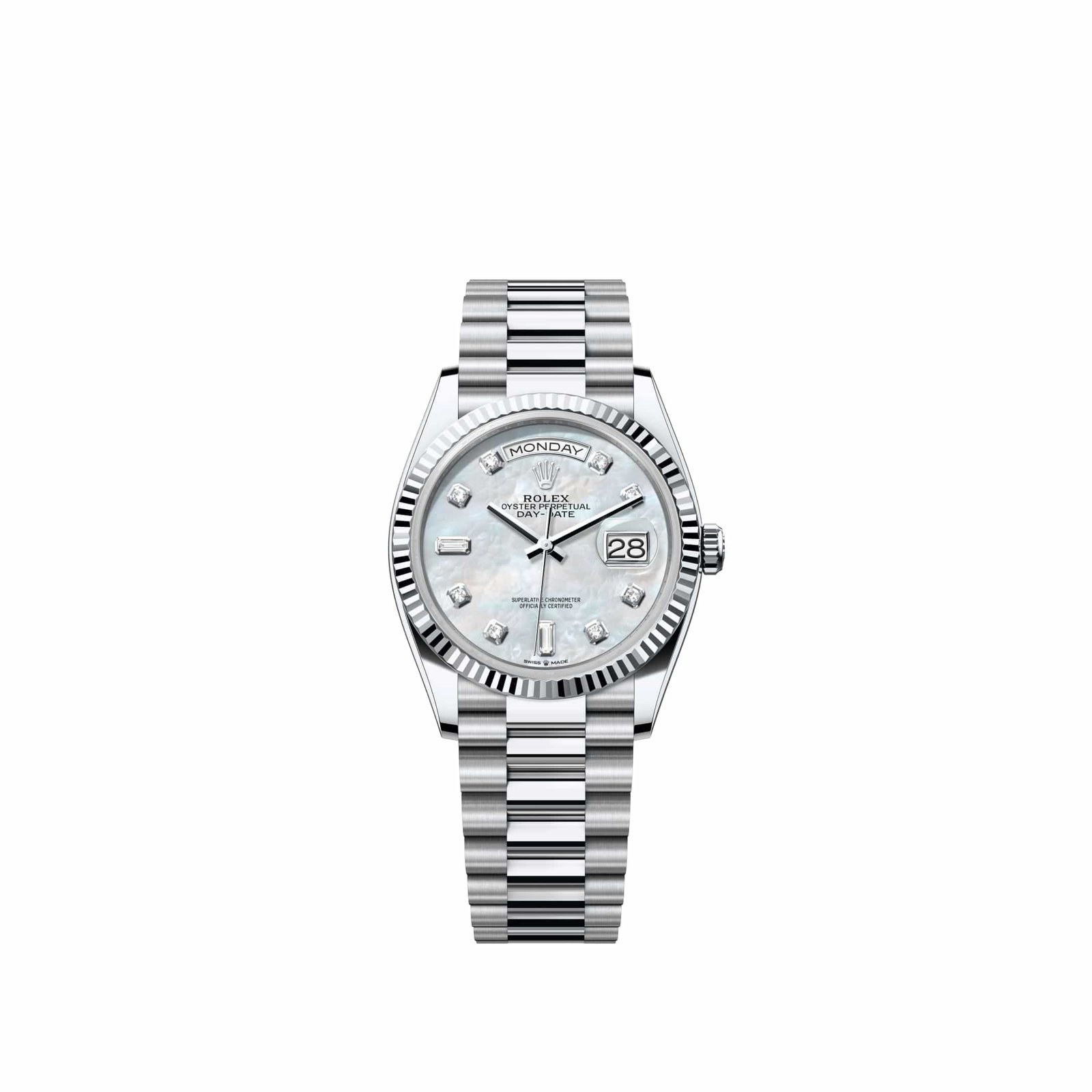 Rolex Day-Date 36 128236 Platinum White Mother of Pearl Diamond Dial President (2026)