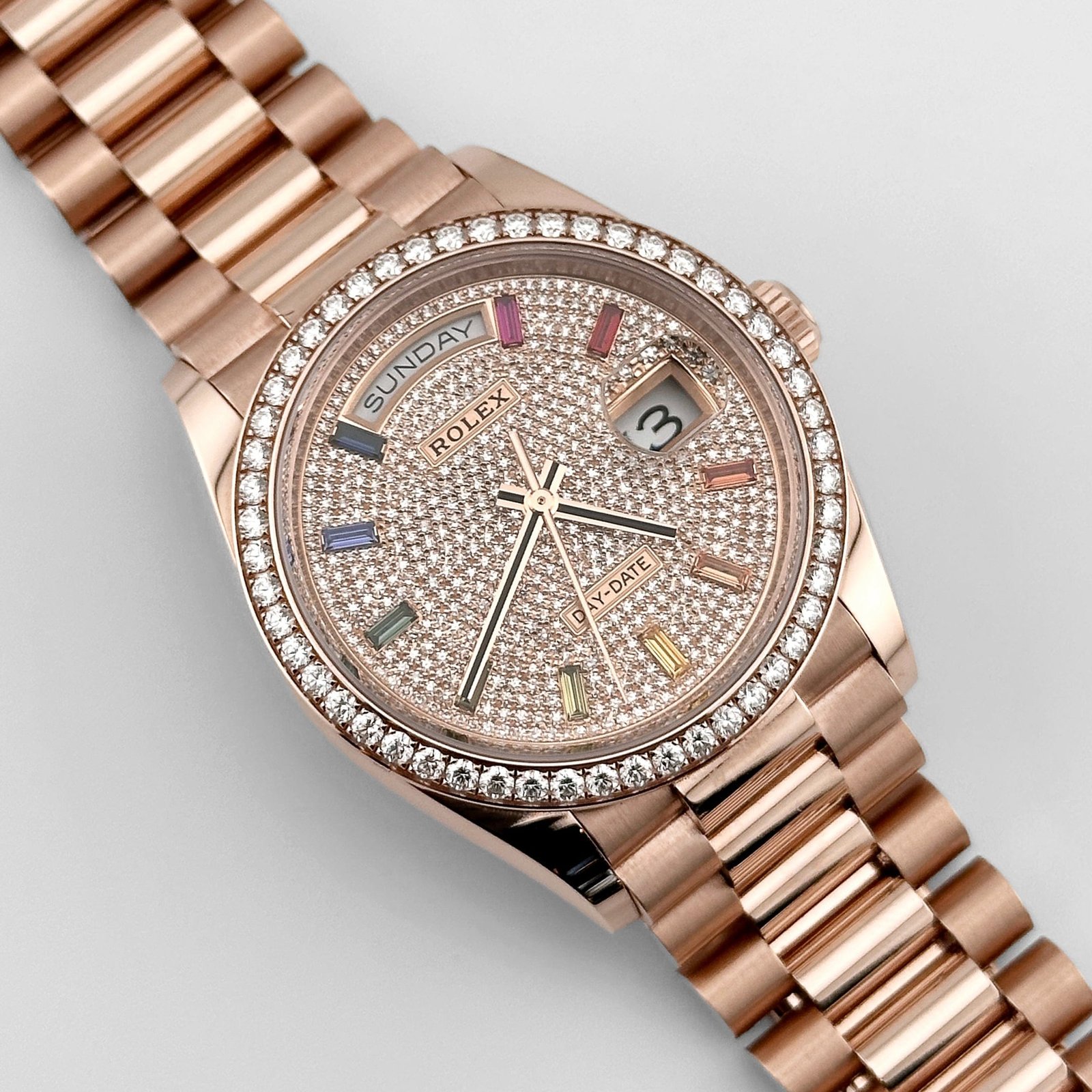 Rolex Day-Date 36 128345RBR Rose Gold Rainbow Diamond Pave Dial Diamond Bezel (2025) - Image 2
