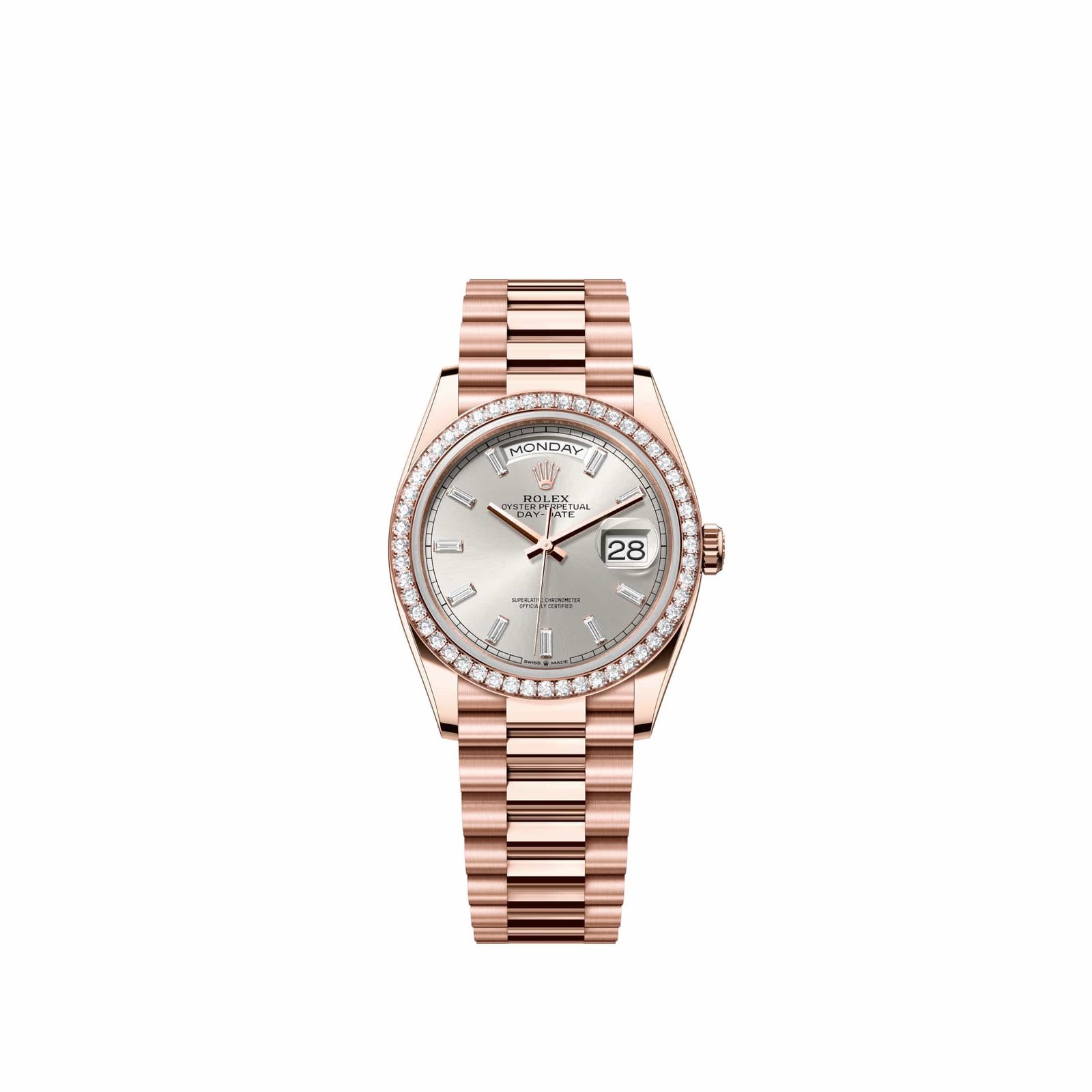 Rolex Day-Date 36 128345RBR Rose Gold Silver Diamond Dial President Diamond Bezel (2026)