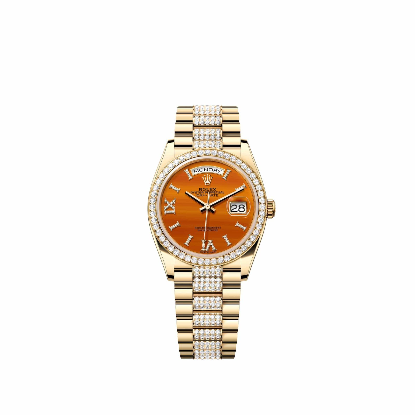 Rolex Day-Date 36 128348RBR Yellow Gold Carnelian Diamond Dial Diamond-Set President Diamond Bezel (2026)