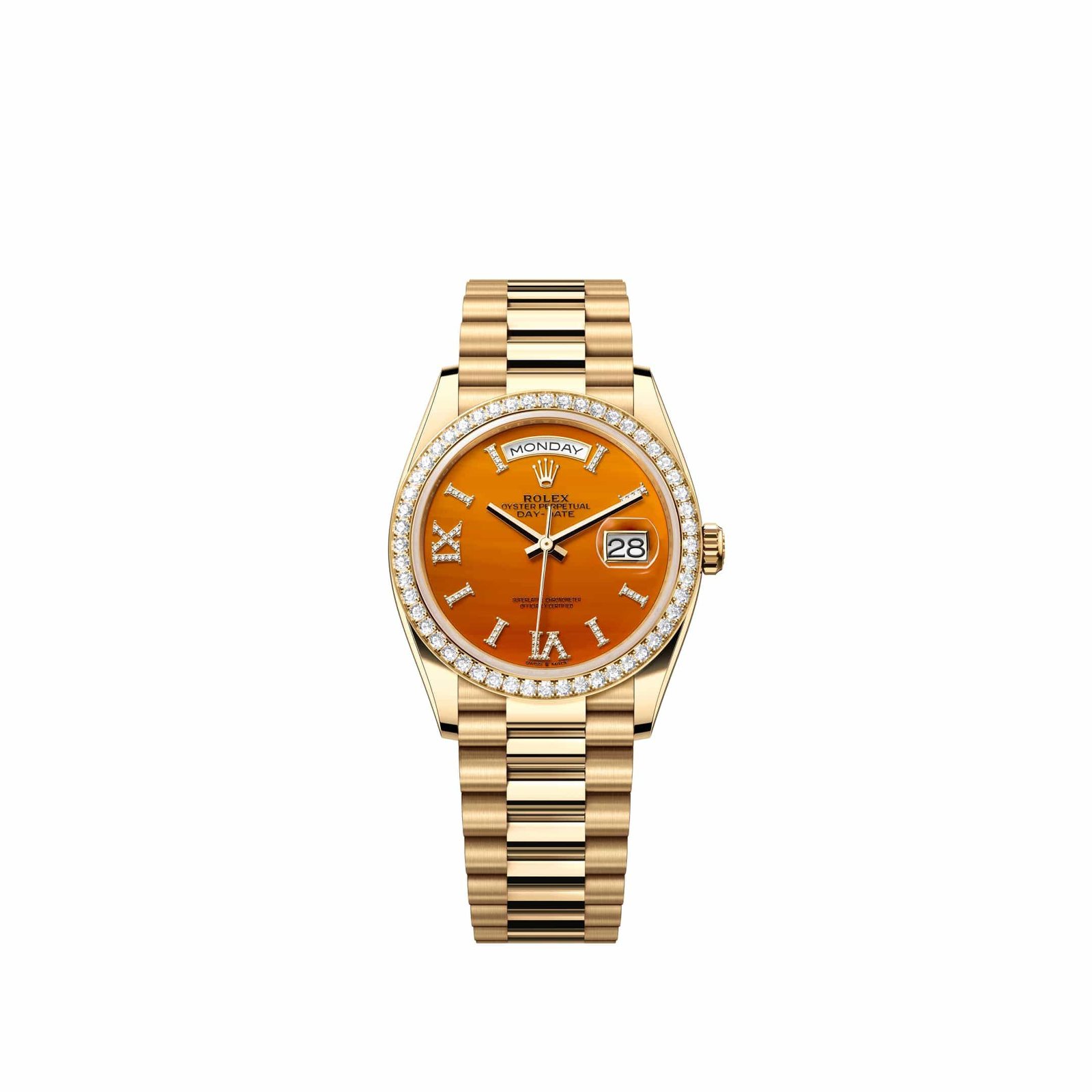 Rolex Day-Date 36 128348RBR Yellow Gold Carnelian Diamond Dial President Diamond Bezel (2026)