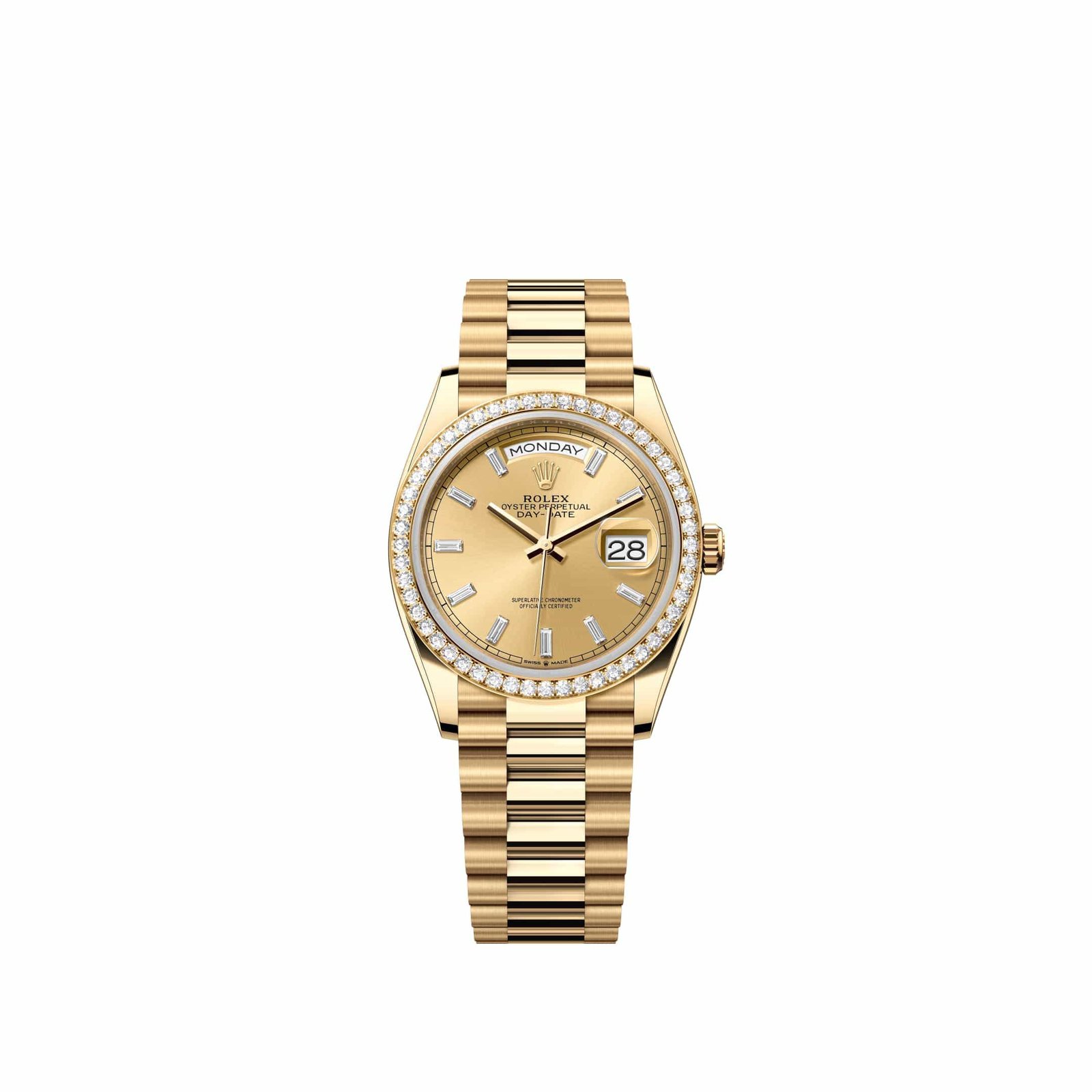 Rolex Day-Date 36 128348RBR Yellow Gold Champagne Diamond Dial President Diamond Bezel (2026)