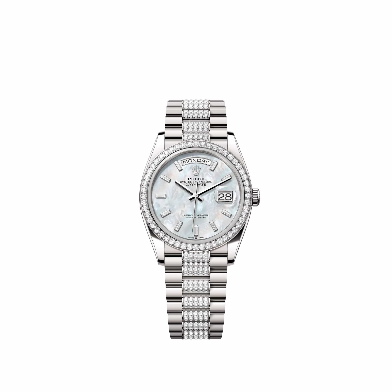 Rolex Day-Date 36 128349RBR White Gold White Mother of Pearl Diamond Dial Diamond-Set President Diamond Bezel (2026)