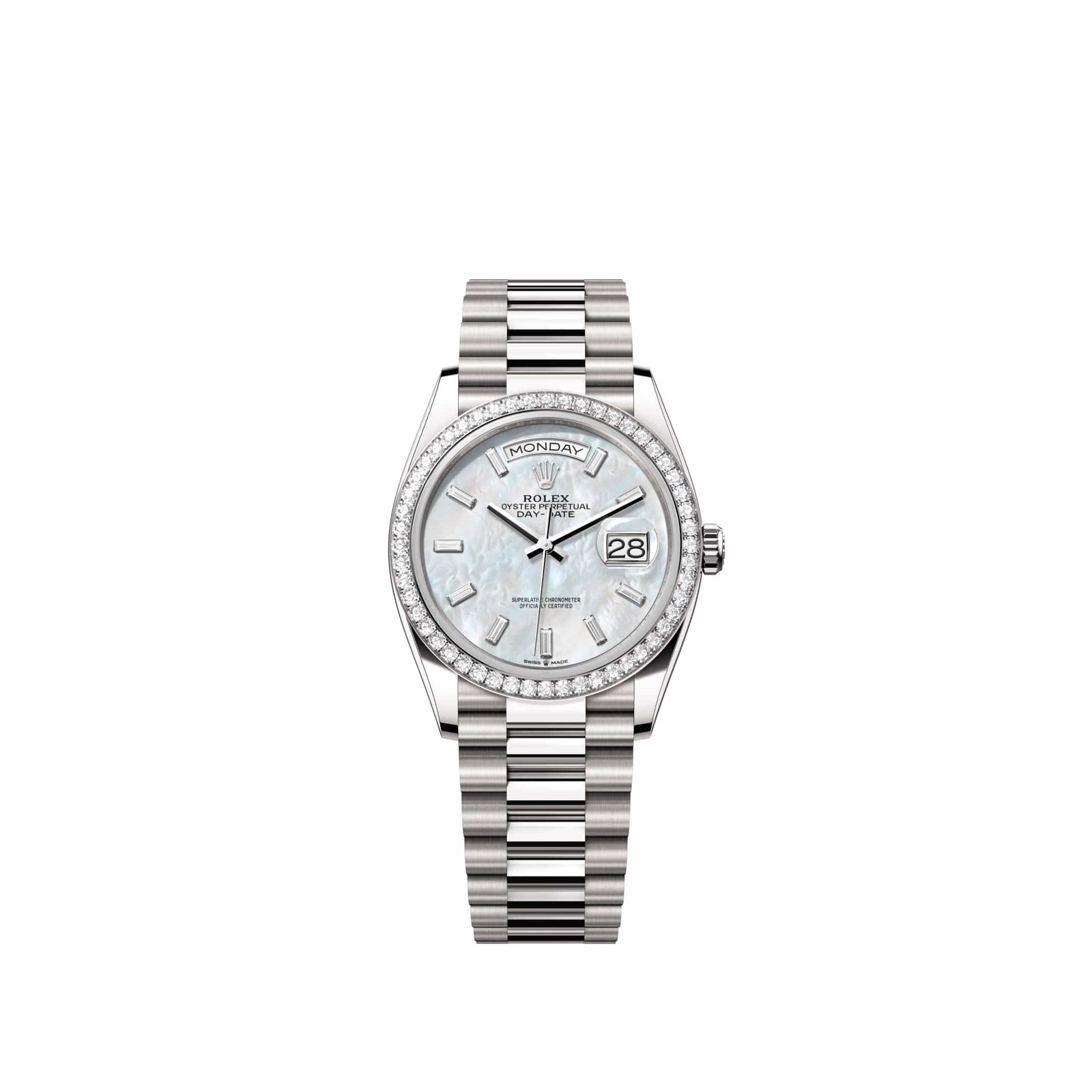 Rolex Day-Date 36 128349RBR White Gold White Mother of Pearl Diamond Dial President Diamond Bezel (2026)