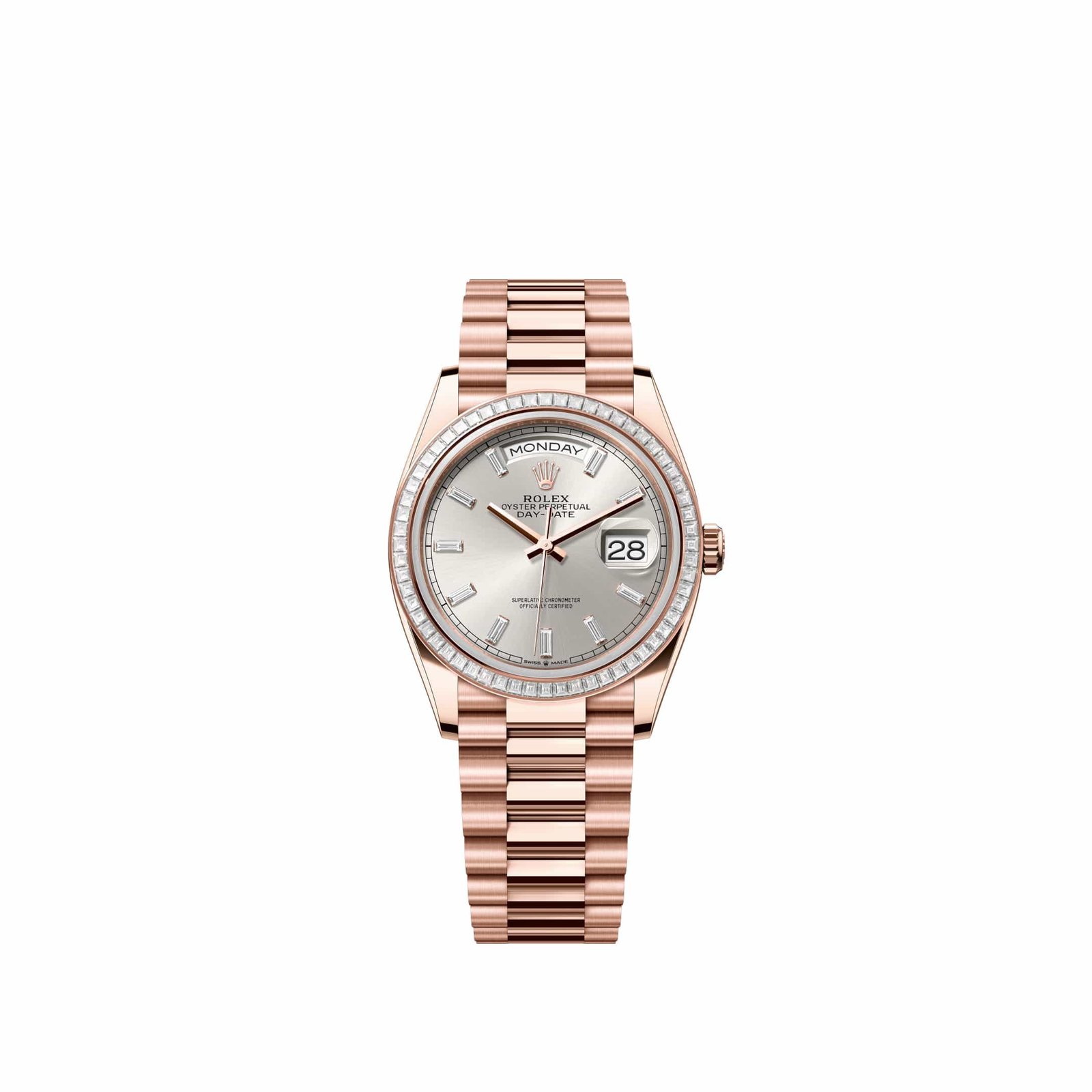 Rolex Day-Date 36 128395TBR Rose Gold Silver Diamond Dial President Diamond Bezel (2026)