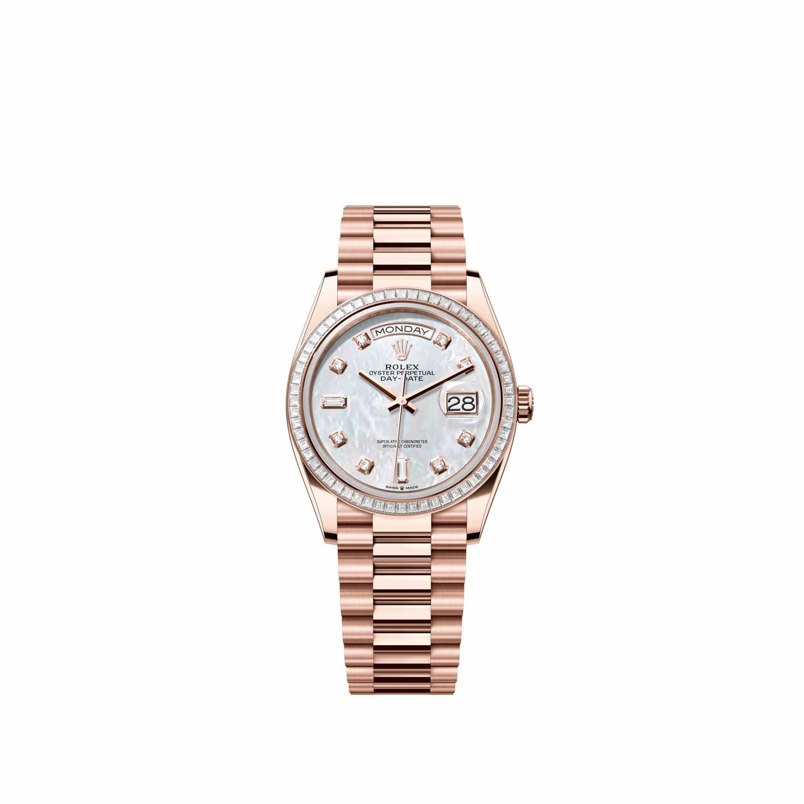 Rolex Day-Date 36 128395TBR Rose Gold White Mother of Pearl Diamond Dial President Diamond Bezel (2026)