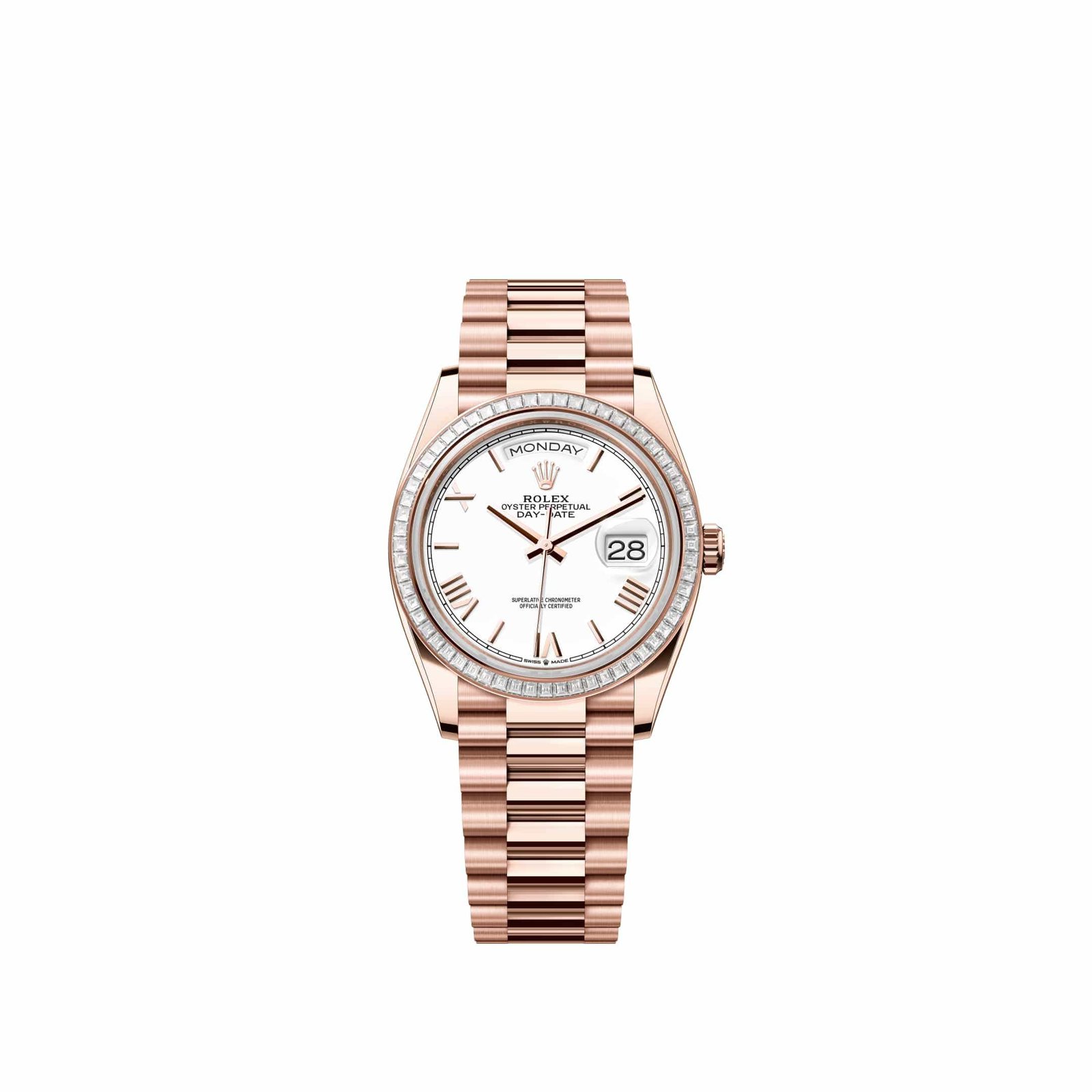 Rolex Day-Date 36 128395TBR Rose Gold White Roman Dial President Diamond Bezel (2026)