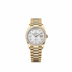 Rolex Day-Date 36 128398TBR Yellow Gold White Mother of Pearl Diamond Dial President Diamond Bezel (2026)