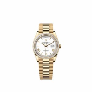 Rolex Day-Date 36 128398TBR Yellow Gold White Roman Dial President Diamond Bezel (2026)