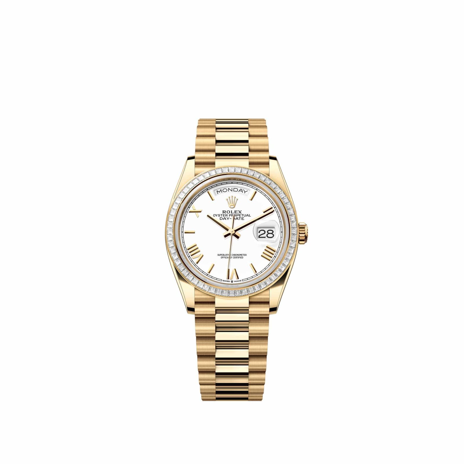 Rolex Day-Date 36 128398TBR Yellow Gold White Roman Dial President Diamond Bezel (2026)