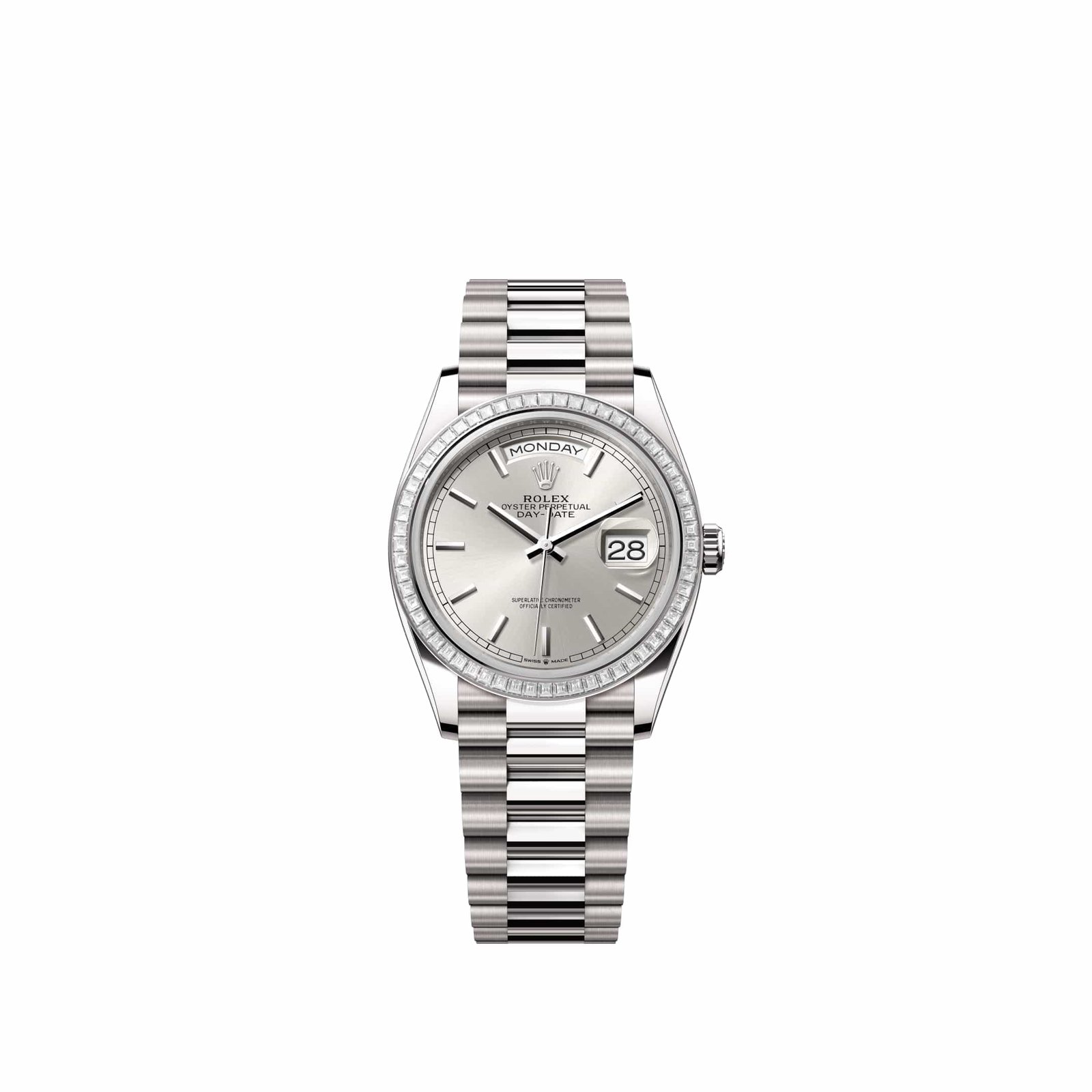 Rolex Day-Date 36 128399TBR White Gold Silver Dial President Diamond Bezel (2026)