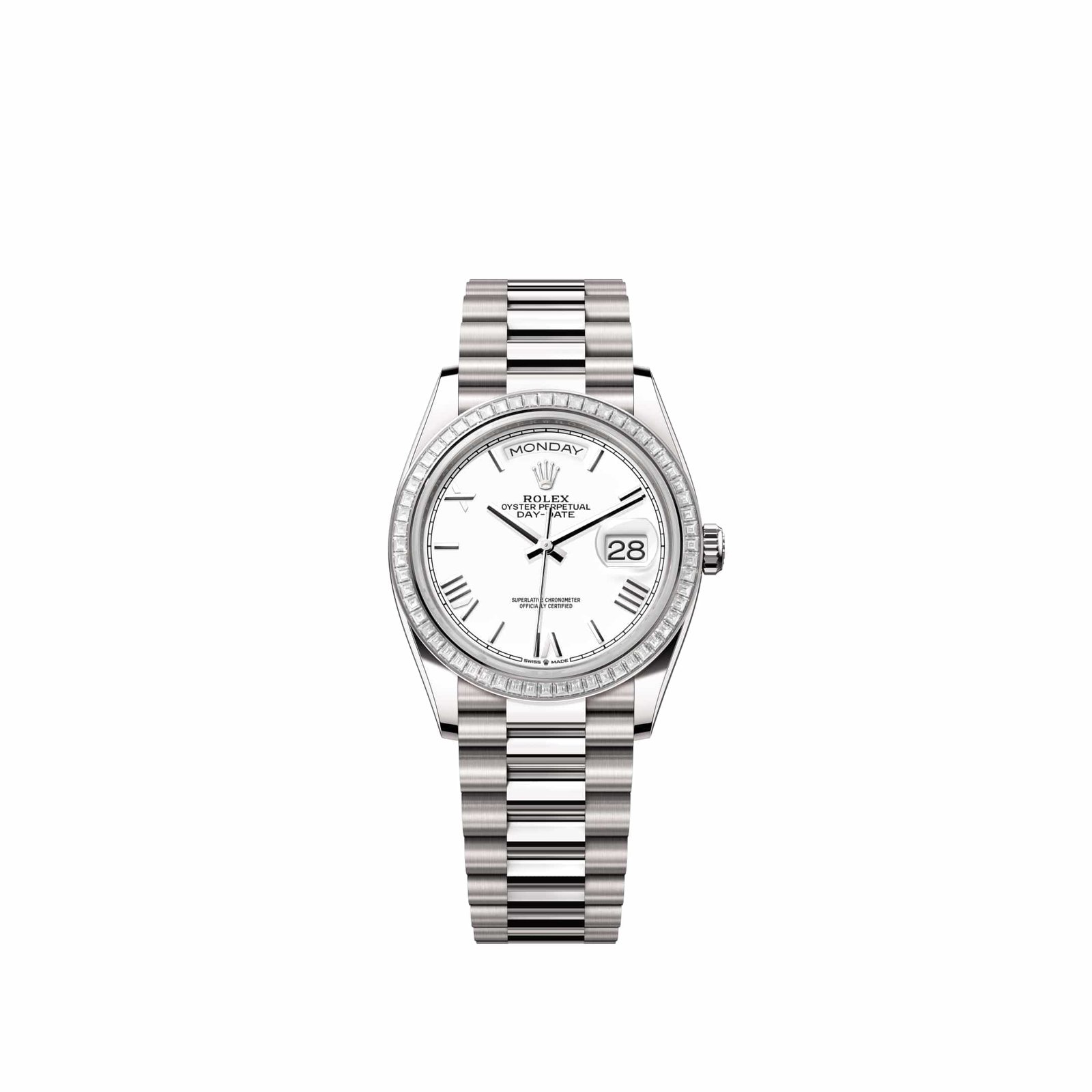 Rolex Day-Date 36 128399TBR White Gold White Roman Dial President Diamond Bezel (2026)