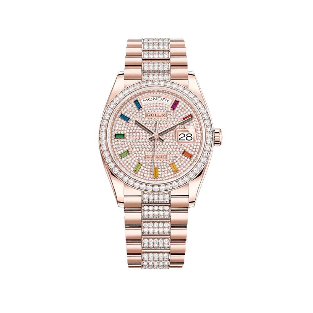 Rolex Day-Date 36 128345RBR Rose Gold Rainbow Pave Diamond Set
