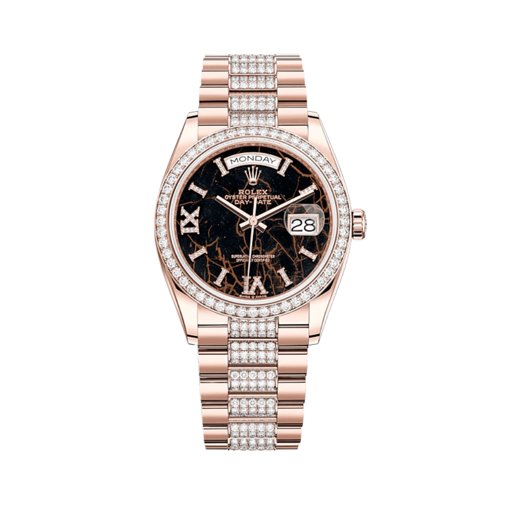 Rolex Day-Date 36 128345RBR Rose Gold Diamond Bezel Eisenkiesel Diamond Dial