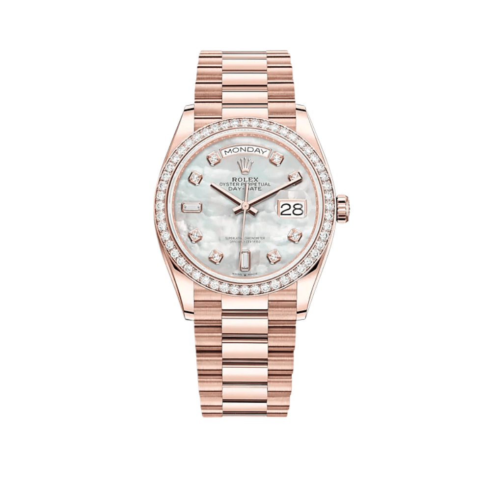 Rolex Day-Date 36 128345RBR Rose Gold White Mother of Pearl Diamond Dial Diamond Bezel President
