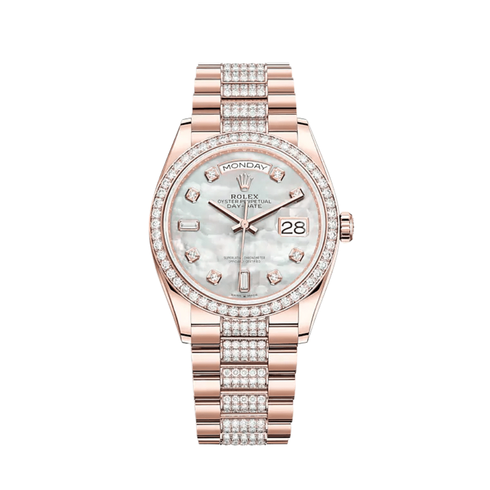 Rolex Day-Date 36 128345RBR Rose Gold White Mother of Pearl Diamond Dial Diamond Bezel President