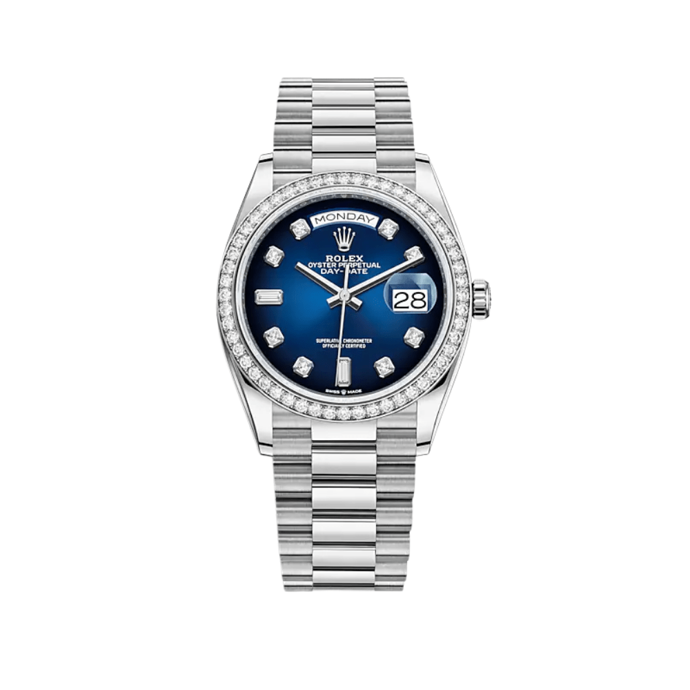 Rolex Day-Date 36 128349RBR White Gold Blue Dial Diamond Bezel