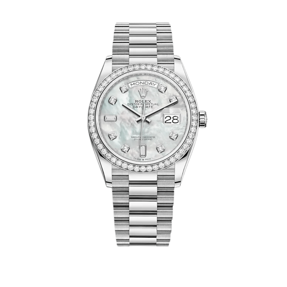 Rolex Day-Date 36 128349RBR White Gold White Mother of Pearl Diamond Dial Diamond Bezel President