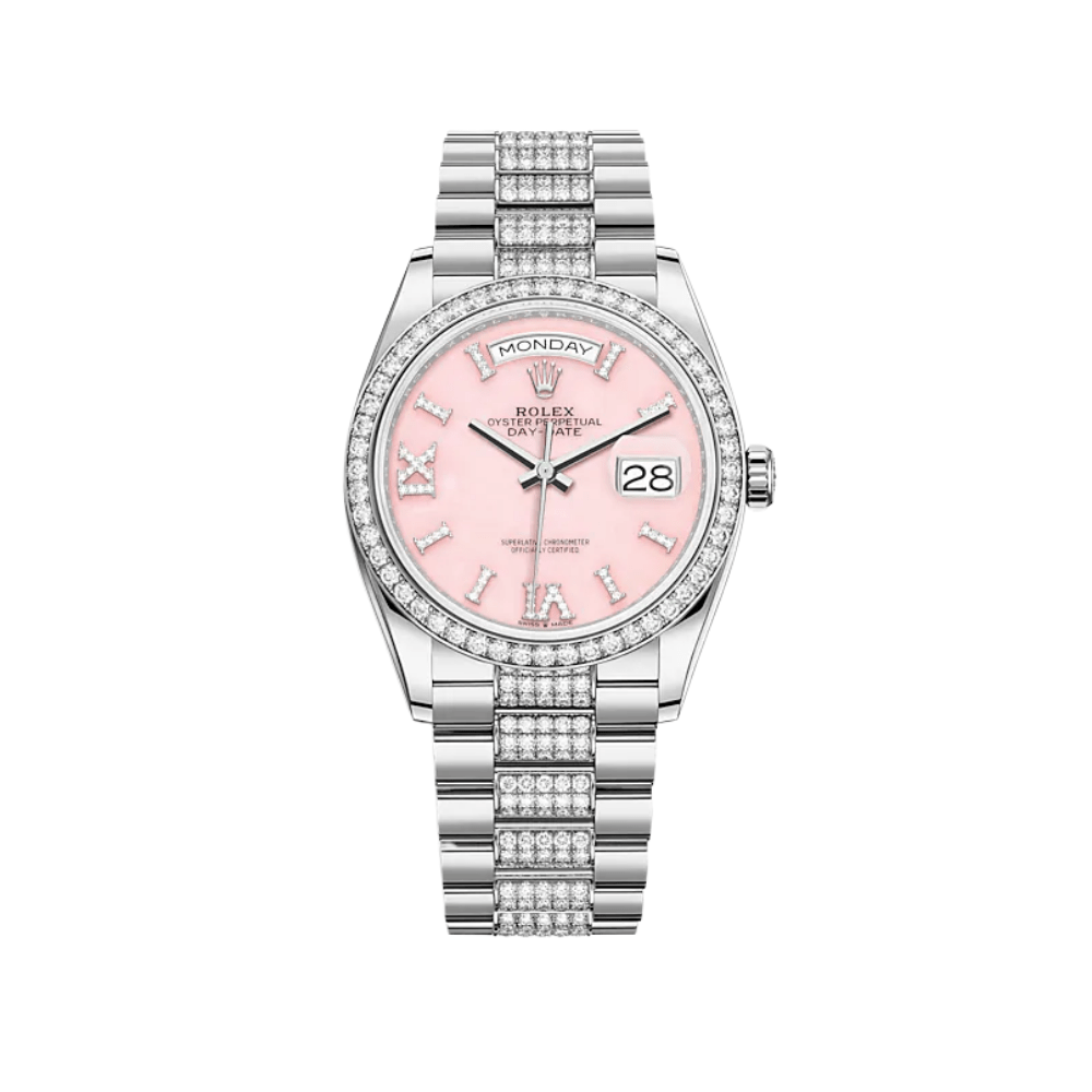 Rolex Day-Date 36 128349RBR White Gold Pink Opal Diamond Dial Diamond Bezel President