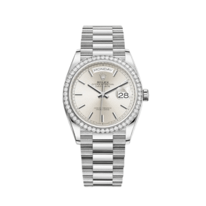 Rolex Day-Date 36 128349RBR White Gold Diamond Bezel Silver Dial