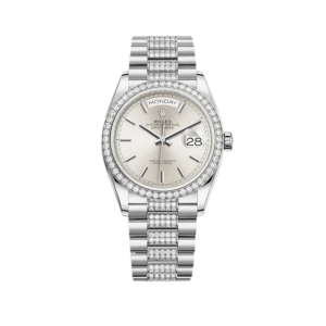 Rolex Day-Date 36 128349RBR White Gold Diamond Bezel Silver Dial
