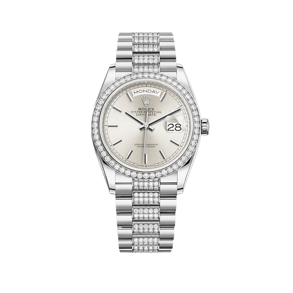Rolex Day-Date 36 128349RBR White Gold Diamond Bezel Silver Dial