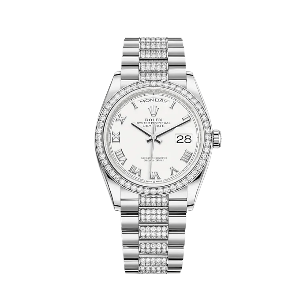 Rolex Day-Date 36 128349RBR White Gold Diamond Bezel White Dial