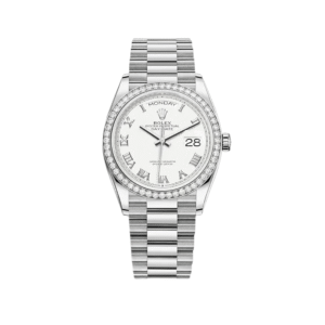 Rolex Day-Date 36 128349RBR White Gold Diamond Bezel White Dial
