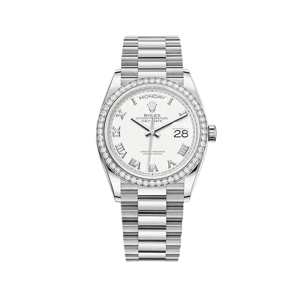 Rolex Day-Date 36 128349RBR White Gold Diamond Bezel White Dial