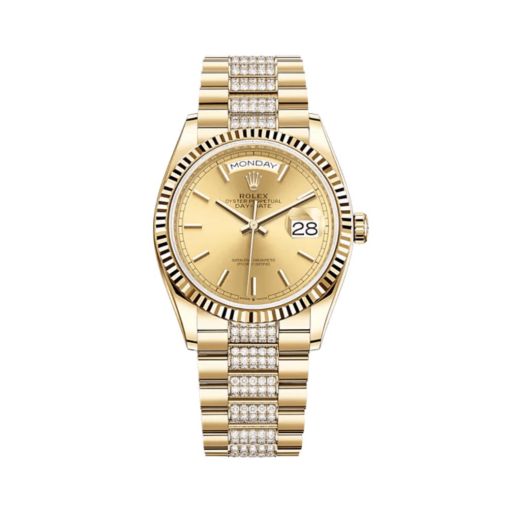 Rolex Day-Date 36 128238 Yellow Gold Champagne Dial Diamond Bracelet